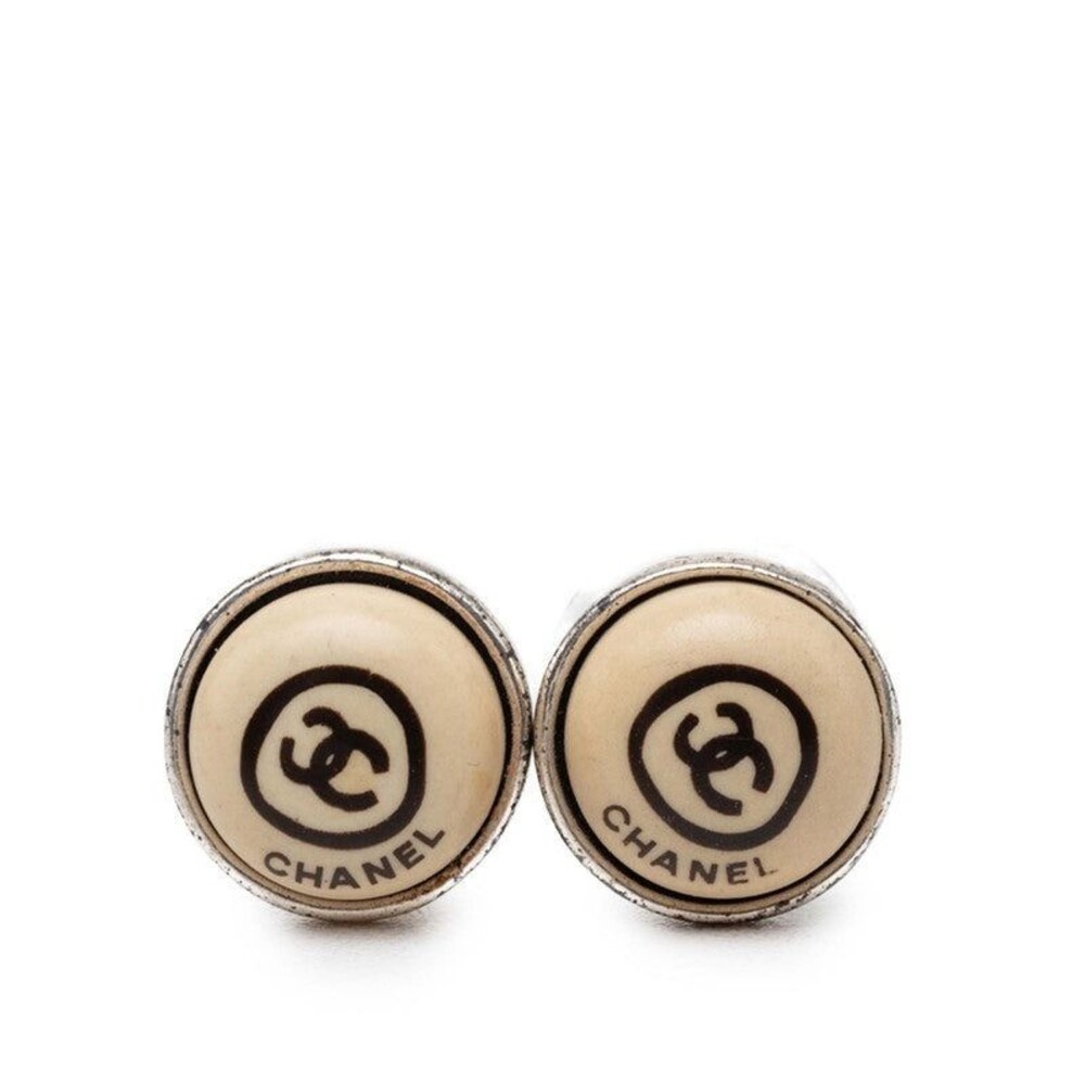 Chanel CC Logo Round Pierced Earrings 00T Silver Beige
